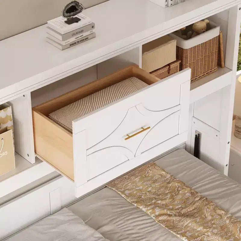 Wood Twin Size Murphy Bed with Charging Station and a Drawer