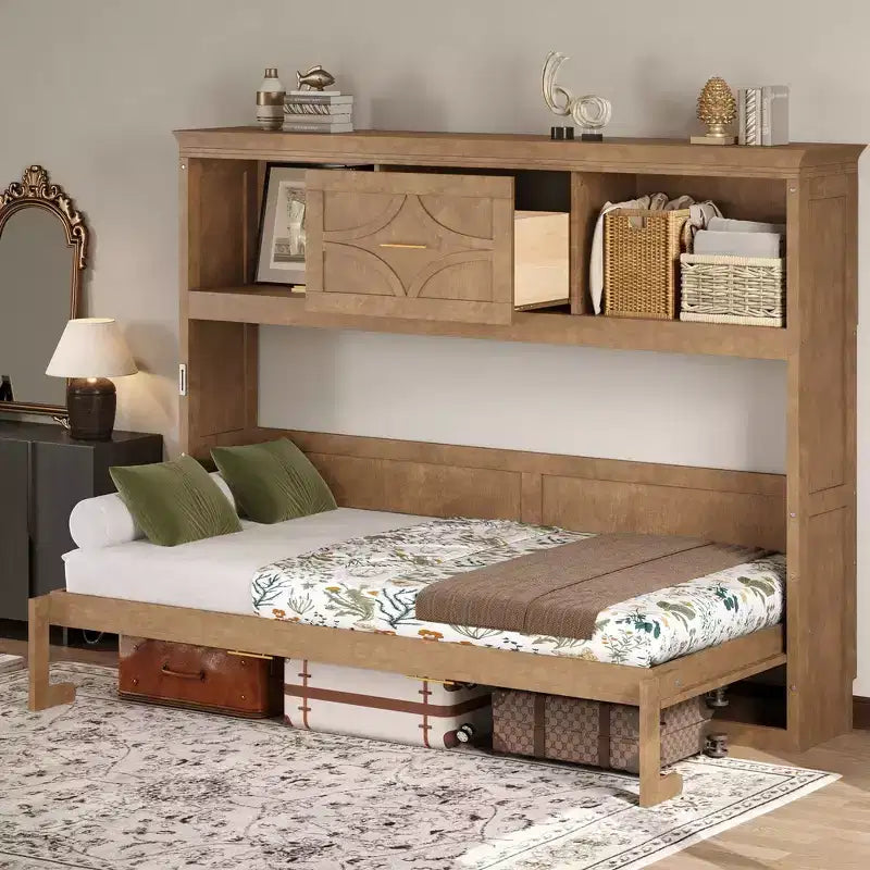 Wood Twin Size Murphy Bed with Charging Station and a Drawer