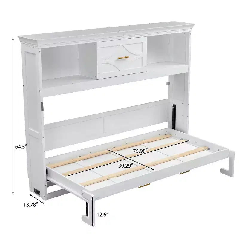 Wood Twin Size Murphy Bed with Charging Station and a Drawer