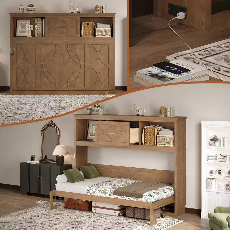 Wood Twin Size Murphy Bed with Charging Station and a Drawer