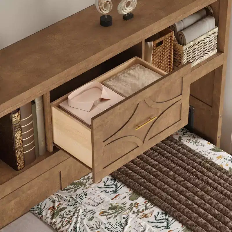 Wood Twin Size Murphy Bed with Charging Station and a Drawer