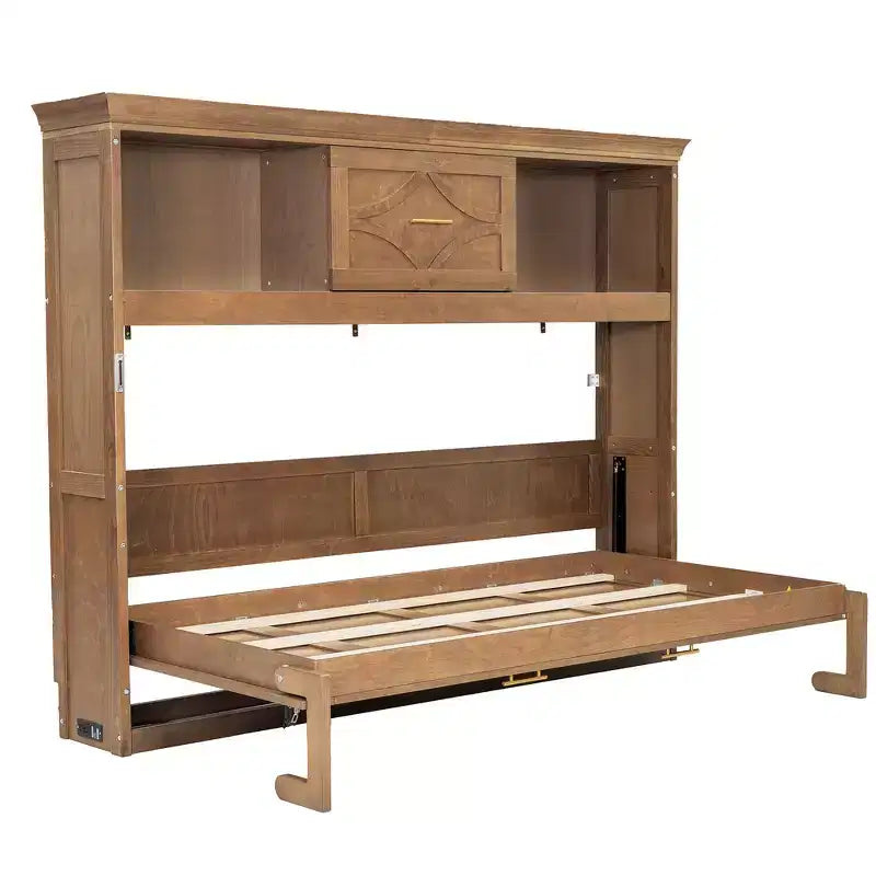 Wood Twin Size Murphy Bed with Charging Station and a Drawer