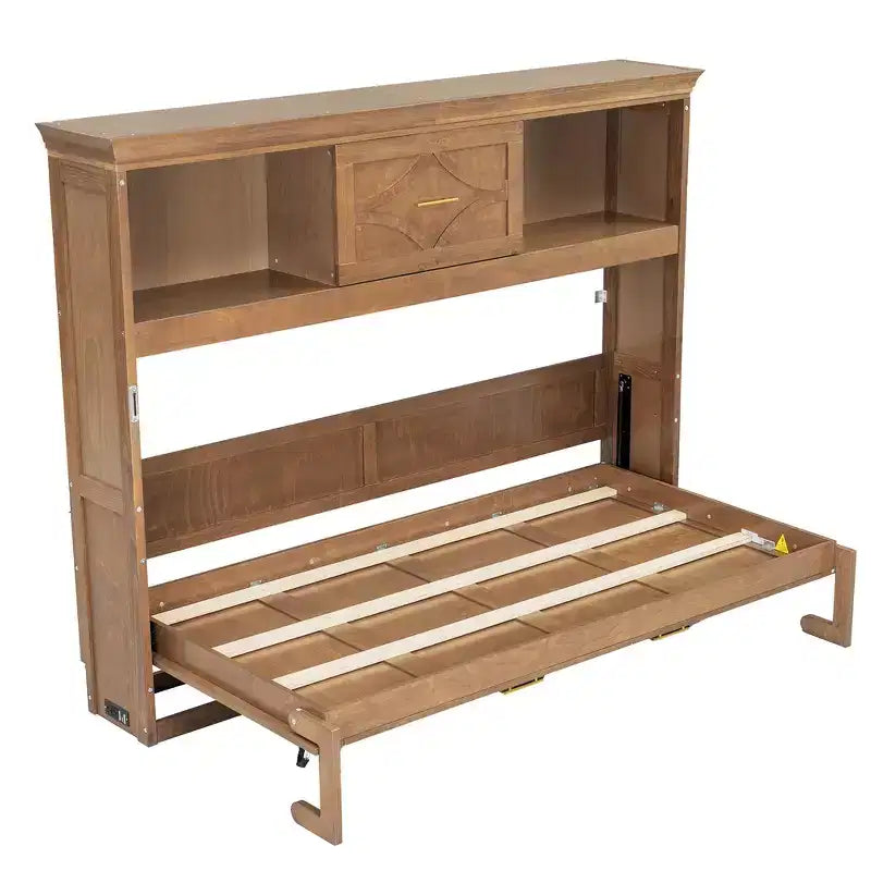 Wood Twin Size Murphy Bed with Charging Station and a Drawer