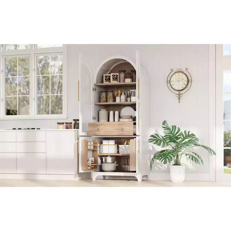 71 Wood Arched Kitchen Pantry Cabinet with 2 Drawers, Kitchen Storage Cabinets with Glass Door, Tall Cupboard for Kitchen/Dining Room
