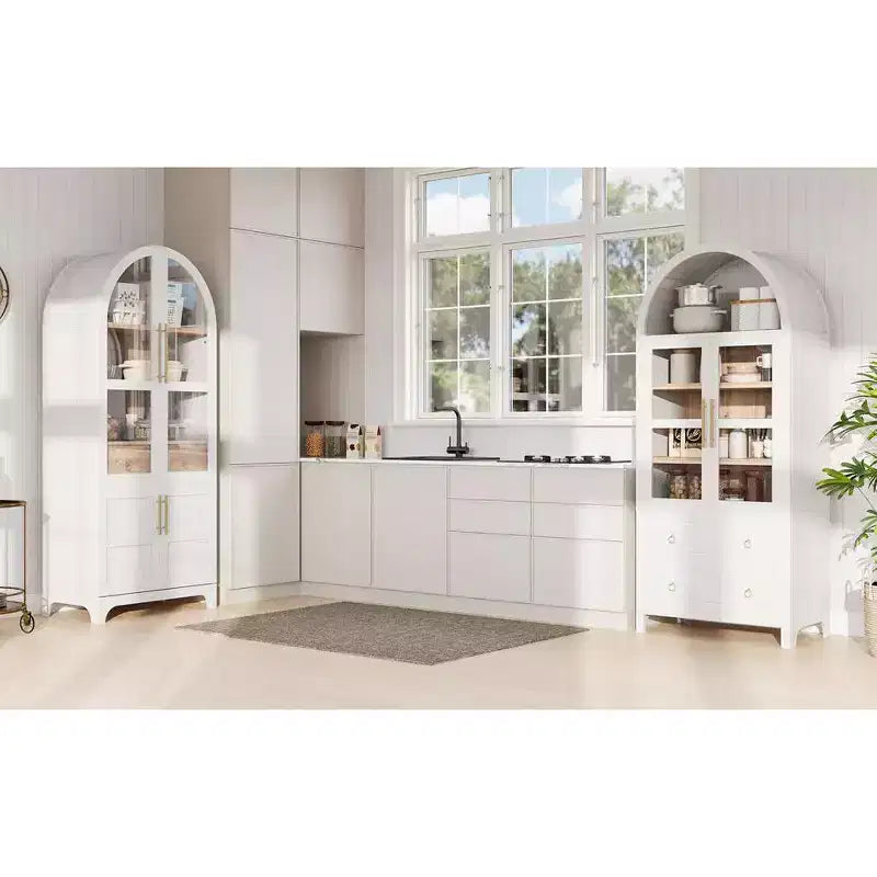 71 Wood Arched Kitchen Pantry Cabinet with 2 Drawers, Kitchen Storage Cabinets with Glass Door, Tall Cupboard for Kitchen/Dining Room