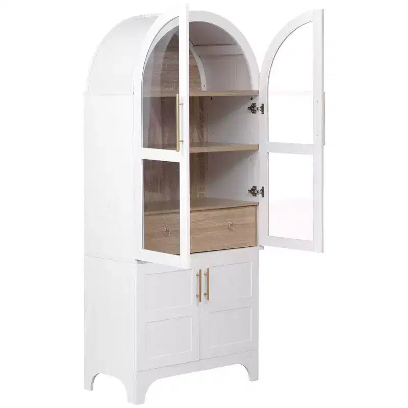 71 Wood Arched Kitchen Pantry Cabinet with 2 Drawers, Kitchen Storage Cabinets with Glass Door, Tall Cupboard for Kitchen/Dining Room