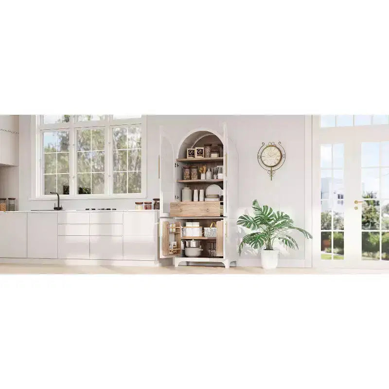 71 Wood Arched Kitchen Pantry Cabinet with 2 Drawers, Kitchen Storage Cabinets with Glass Door, Tall Cupboard for Kitchen/Dining Room