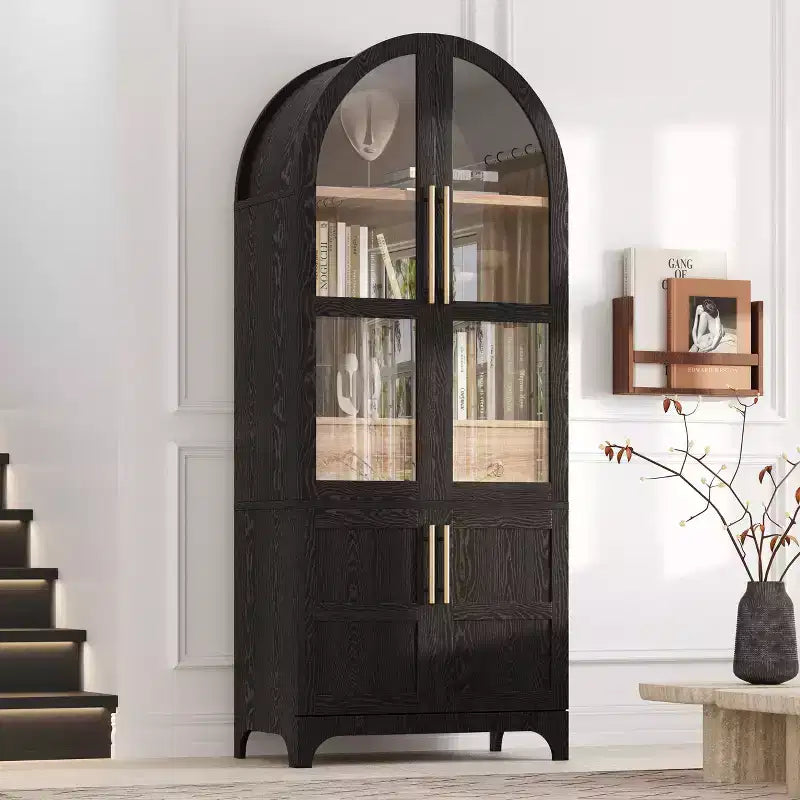 71 Wood Arched Kitchen Pantry Cabinet with 2 Drawers, Kitchen Storage Cabinets with Glass Door, Tall Cupboard for Kitchen/Dining Room