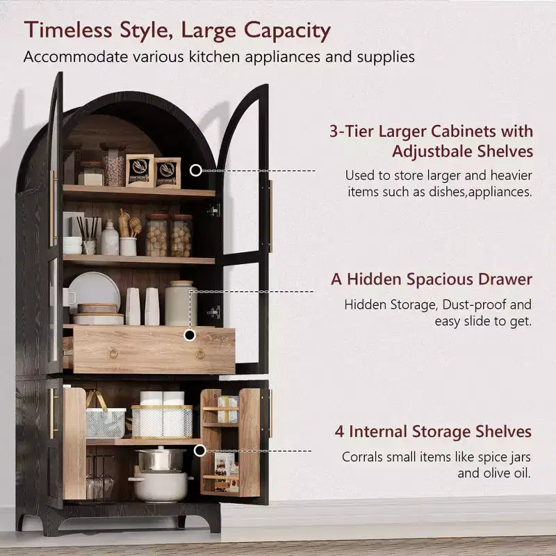 71 Wood Arched Kitchen Pantry Cabinet with 2 Drawers, Kitchen Storage Cabinets with Glass Door, Tall Cupboard for Kitchen/Dining Room