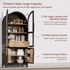 71 Wood Arched Kitchen Pantry Cabinet with 2 Drawers, Kitchen Storage Cabinets with Glass Door, Tall Cupboard for Kitchen/Dining Room