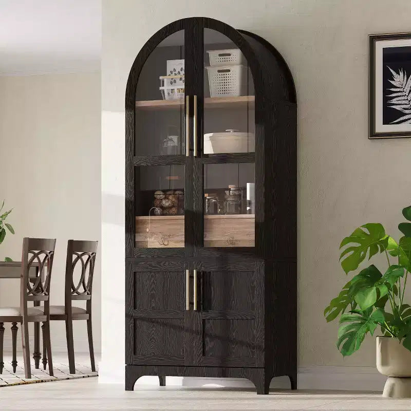 71 Wood Arched Kitchen Pantry Cabinet with 2 Drawers, Kitchen Storage Cabinets with Glass Door, Tall Cupboard for Kitchen/Dining Room