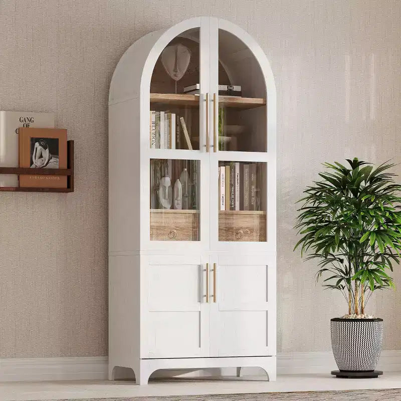 71 Wood Arched Kitchen Pantry Cabinet with 2 Drawers, Kitchen Storage Cabinets with Glass Door, Tall Cupboard for Kitchen/Dining Room
