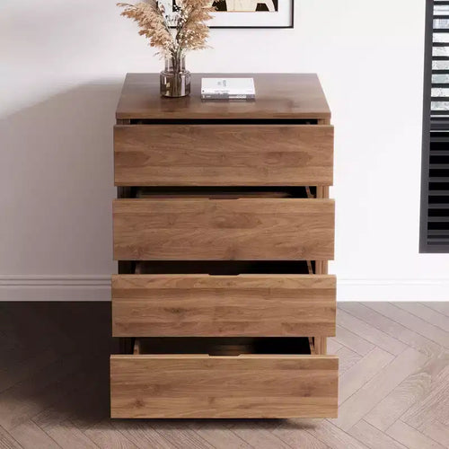 32 Modern 4-Drawer Dresser - Vertical Storage Chest with Walnut Wood Finish - Minimalist Handle-less Design for Small Spaces