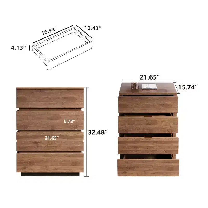 32 Modern 4-Drawer Dresser - Vertical Storage Chest with Walnut Wood Finish - Minimalist Handle-less Design for Small Spaces