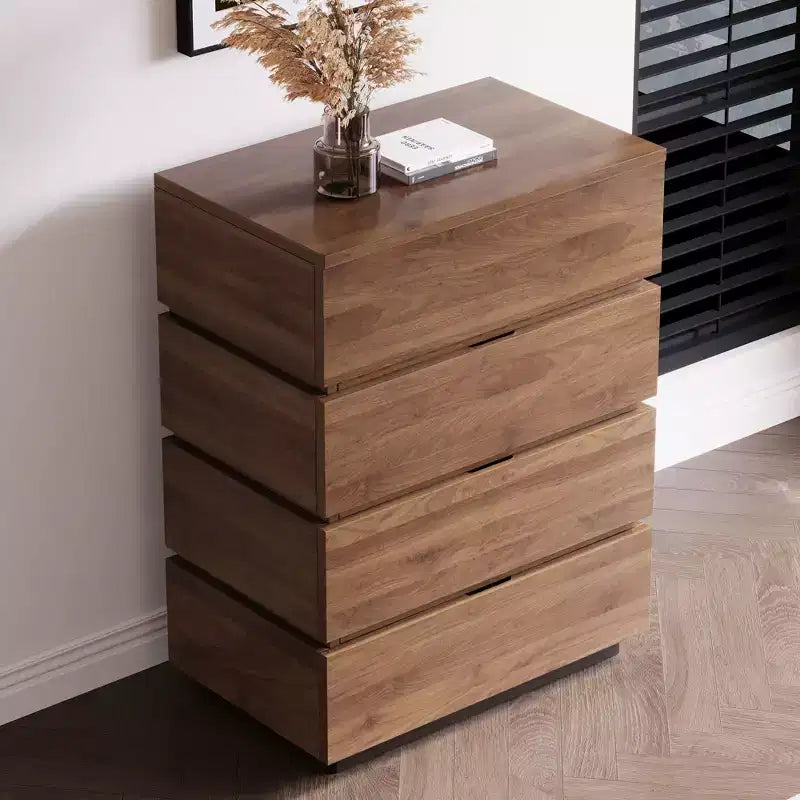 32 Modern 4-Drawer Dresser - Vertical Storage Chest with Walnut Wood Finish - Minimalist Handle-less Design for Small Spaces