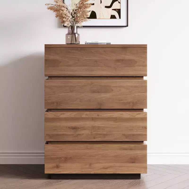 32 Modern 4-Drawer Dresser - Vertical Storage Chest with Walnut Wood Finish - Minimalist Handle-less Design for Small Spaces