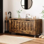 Storage Chest, Wooden Storage Bench with 4 Wheels, 39.4 Storage Trunk with 2 Safety Hinges, Supports 350 Lbs,Round Corner,U-Shape Cutout,for Entryway
