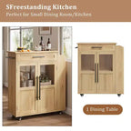 Kitchen Island Cart with Storage, Mobile Rolling Island with Glass Cabinet Doors & Spice Rack for Dining Room & Kitchen, Natural