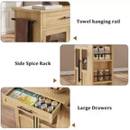 Kitchen Island Cart with Storage, Mobile Rolling Island with Glass Cabinet Doors & Spice Rack for Dining Room & Kitchen, Natural