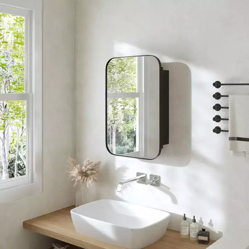 24 x 16 Bathroom Cabinet with Mirror Stainless Steel Frame and 2 Adjustable Shelves Wall Medicine Cabinets Mirrors Rectangle Recessed Black