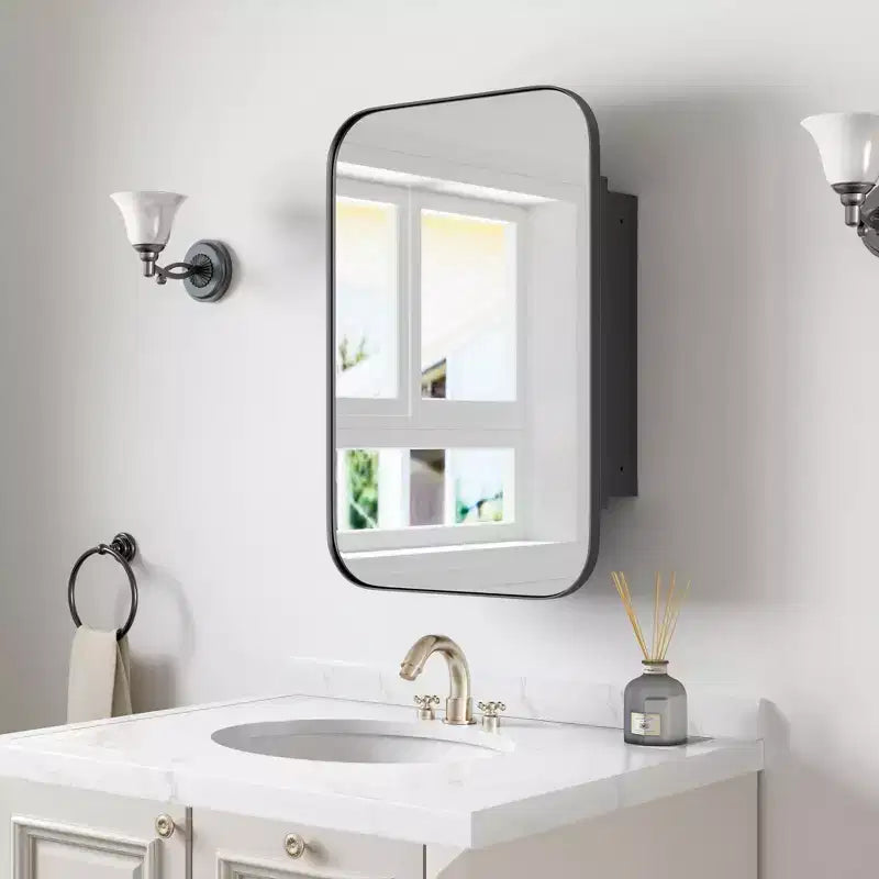 24 x 16 Bathroom Cabinet with Mirror Stainless Steel Frame and 2 Adjustable Shelves Wall Medicine Cabinets Mirrors Rectangle Recessed Black