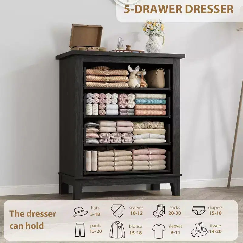 34-in Tall Vertical Drawer Dresser Chic Concave Drawer Design, Large Storage, Modern Freestanding Closet Chest for Bedroom or Living Room