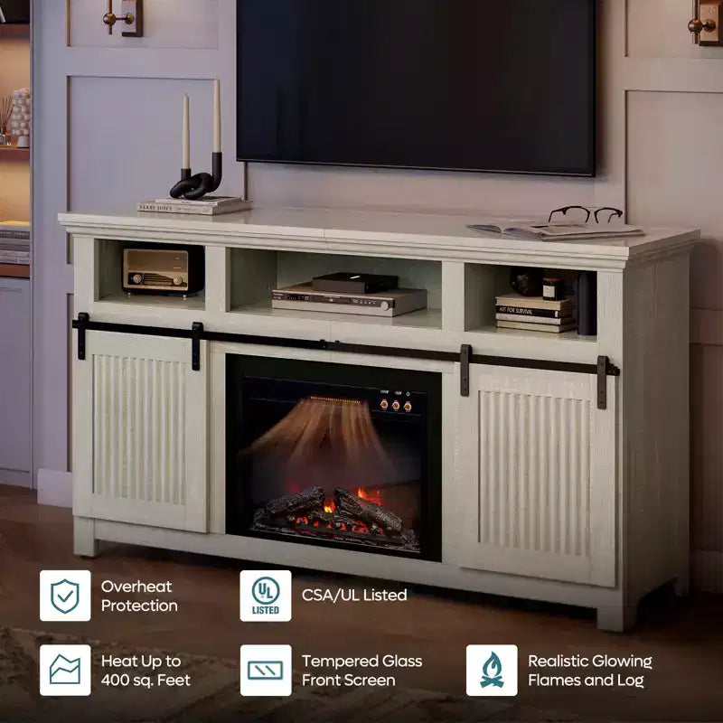 61 Fireplace TV Stand for TVs up to 65, LED Media TV Console Entertainment Center with 23 Fireplace Heater & Cabinet With Sliding Door