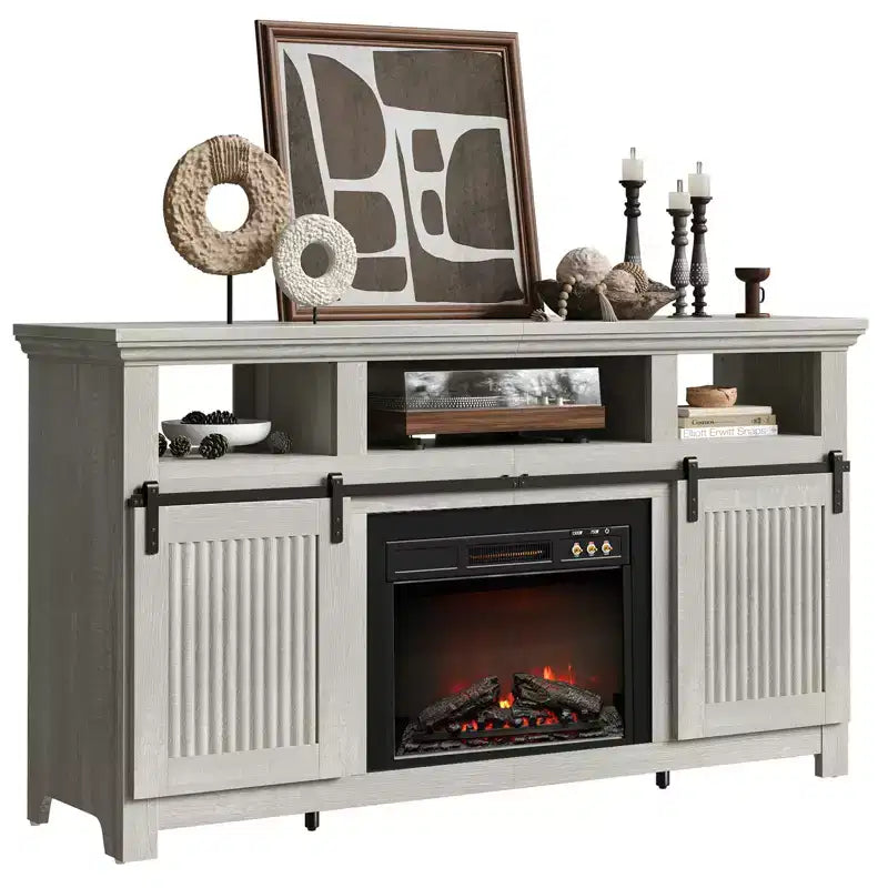 61 Fireplace TV Stand for TVs up to 65, LED Media TV Console Entertainment Center with 23 Fireplace Heater & Cabinet With Sliding Door