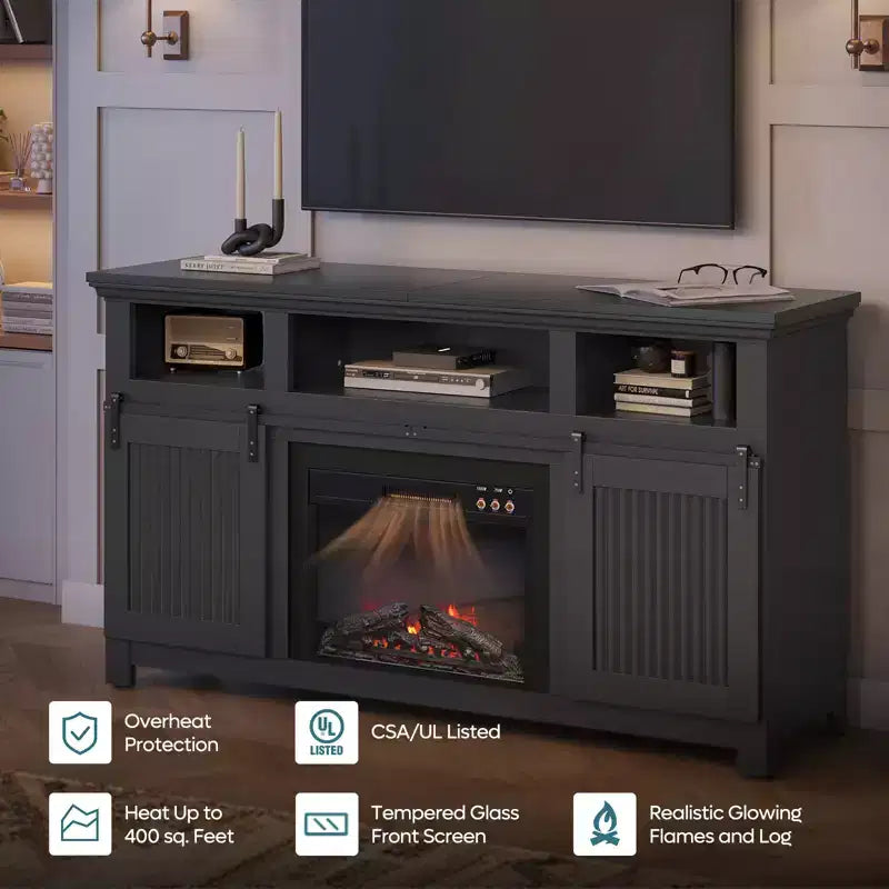 61 Fireplace TV Stand for TVs up to 65, LED Media TV Console Entertainment Center with 23 Fireplace Heater & Cabinet With Sliding Door