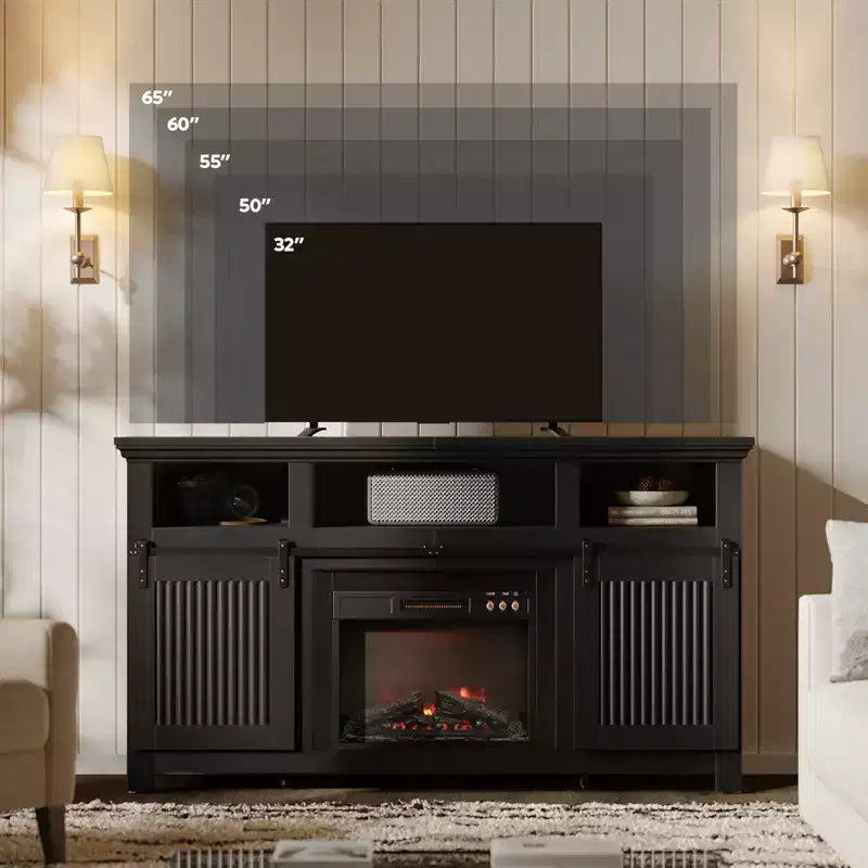 61 Fireplace TV Stand for TVs up to 65, LED Media TV Console Entertainment Center with 23 Fireplace Heater & Cabinet With Sliding Door
