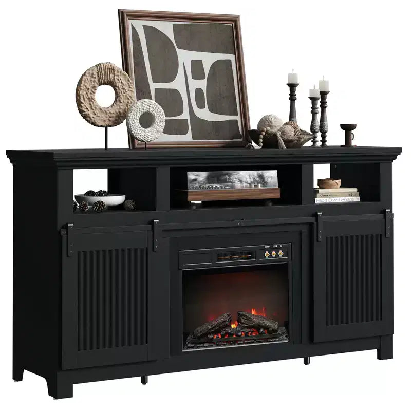 61 Fireplace TV Stand for TVs up to 65, LED Media TV Console Entertainment Center with 23 Fireplace Heater & Cabinet With Sliding Door