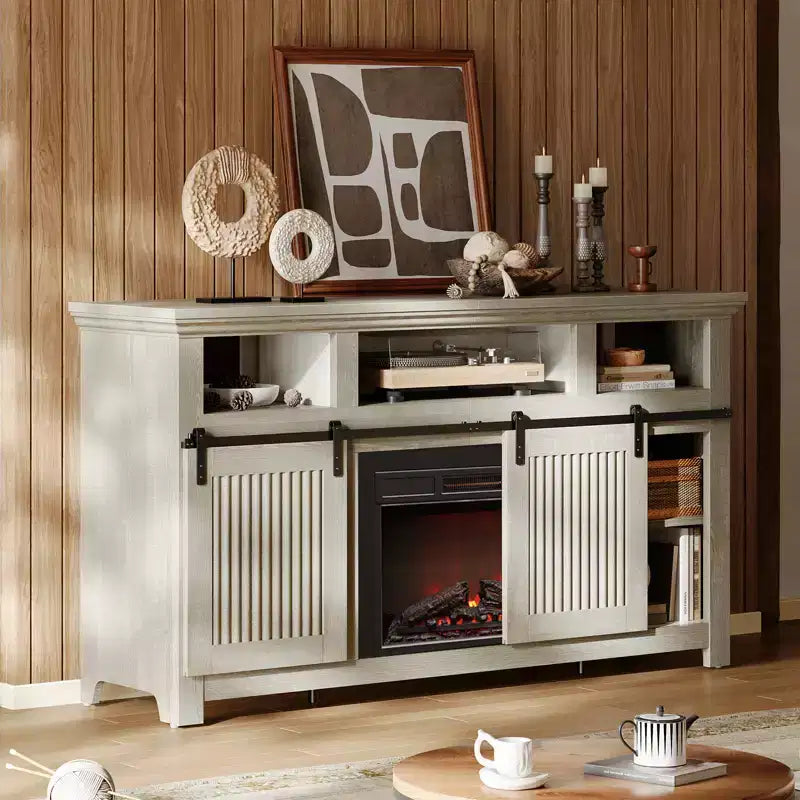 61 Fireplace TV Stand for TVs up to 65, LED Media TV Console Entertainment Center with 23 Fireplace Heater & Cabinet With Sliding Door