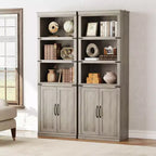 5 Tier Book case with Cabinet, Farmhouse Book Shelf with Storage Doors, 68.7 Tall Wooden 5 Shelf Case Grey