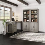 5 Tier Book case with Cabinet, Farmhouse Book Shelf with Storage Doors, 68.7 Tall Wooden 5 Shelf Case Grey