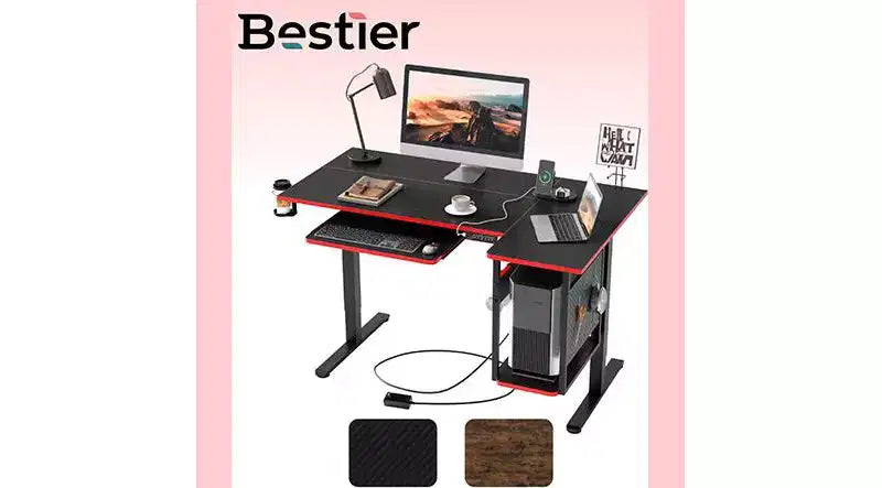 57 Standing Computer Desk, Height Adjustable Desk with Keyboard Tray & Host Shelf for Home Office, L-Shaped Gaming Desk with Pegboard