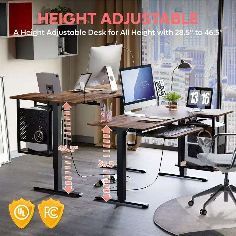 57 Standing Computer Desk, Height Adjustable Desk with Keyboard Tray & Host Shelf for Home Office, L-Shaped Gaming Desk with Pegboard