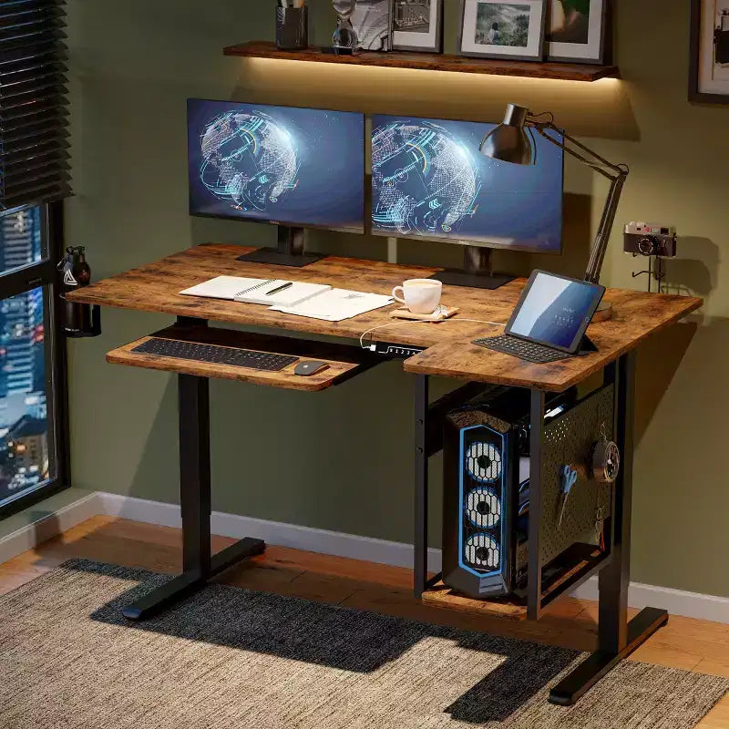 57 Standing Computer Desk, Height Adjustable Desk with Keyboard Tray & Host Shelf for Home Office, L-Shaped Gaming Desk with Pegboard