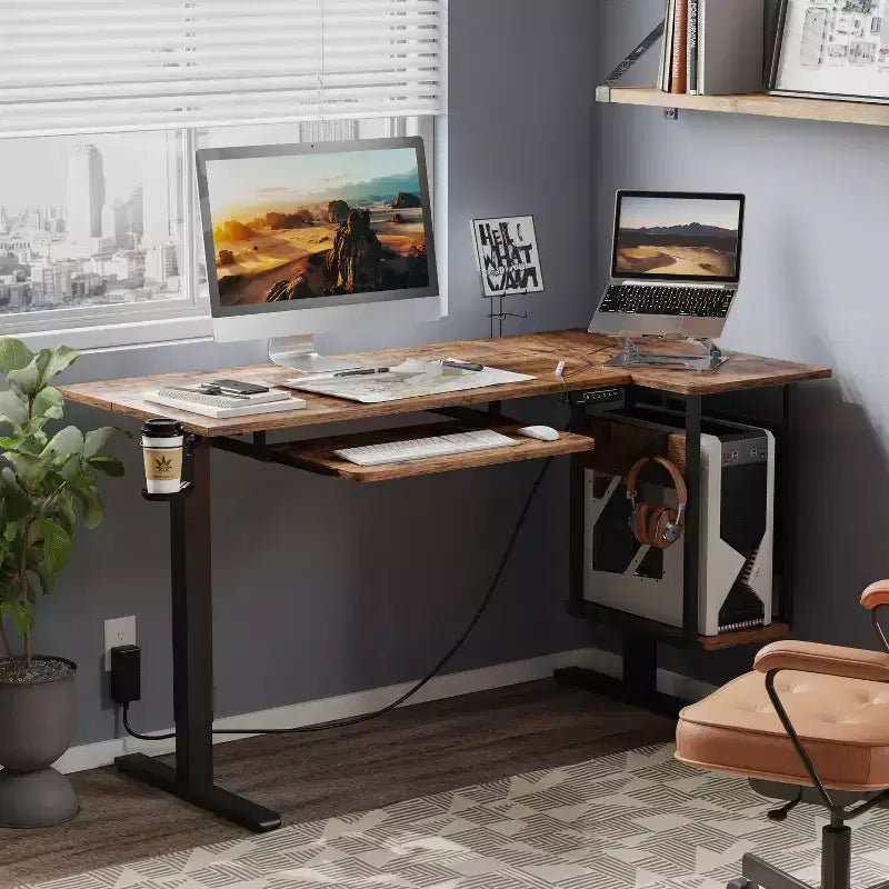 57 Standing Computer Desk, Height Adjustable Desk with Keyboard Tray & Host Shelf for Home Office, L-Shaped Gaming Desk with Pegboard