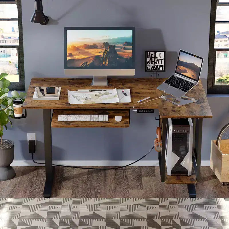 57 Standing Computer Desk, Height Adjustable Desk with Keyboard Tray & Host Shelf for Home Office, L-Shaped Gaming Desk with Pegboard