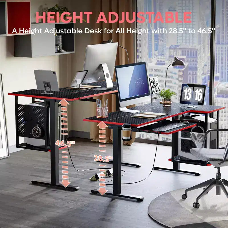 57 Standing Computer Desk, Height Adjustable Desk with Keyboard Tray & Host Shelf for Home Office, L-Shaped Gaming Desk with Pegboard
