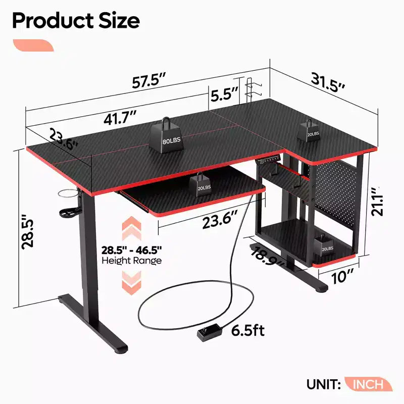 57 Standing Computer Desk, Height Adjustable Desk with Keyboard Tray & Host Shelf for Home Office, L-Shaped Gaming Desk with Pegboard
