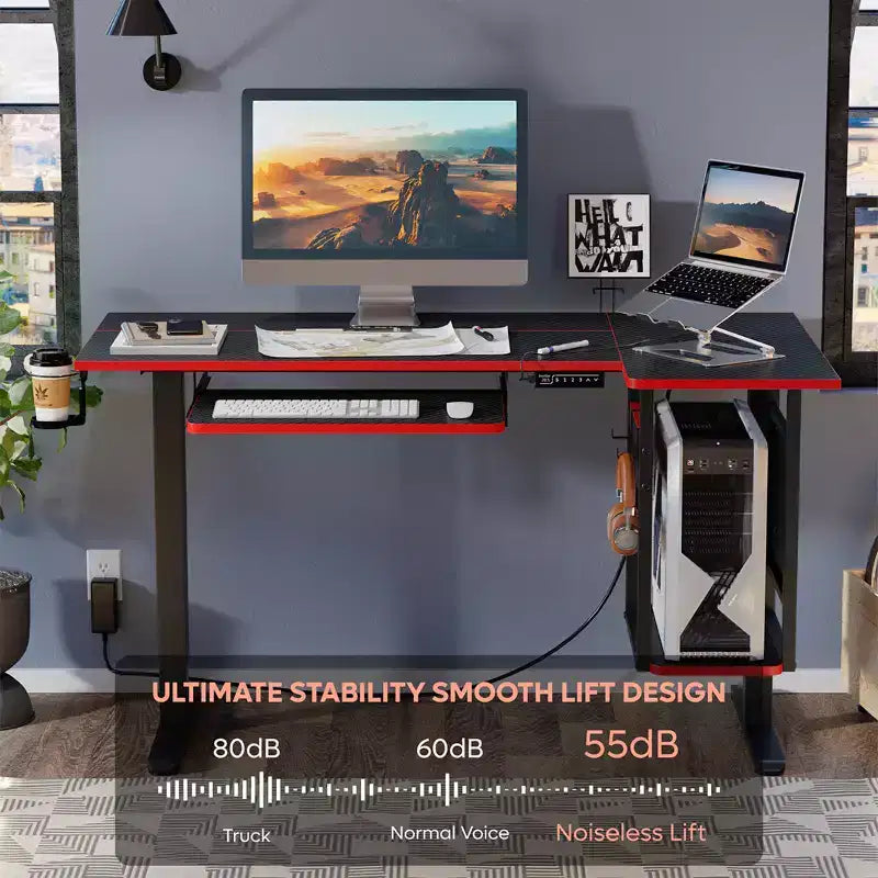 57 Standing Computer Desk, Height Adjustable Desk with Keyboard Tray & Host Shelf for Home Office, L-Shaped Gaming Desk with Pegboard