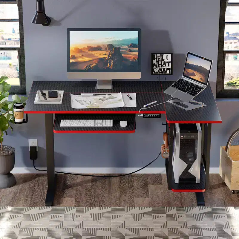 57 Standing Computer Desk, Height Adjustable Desk with Keyboard Tray & Host Shelf for Home Office, L-Shaped Gaming Desk with Pegboard