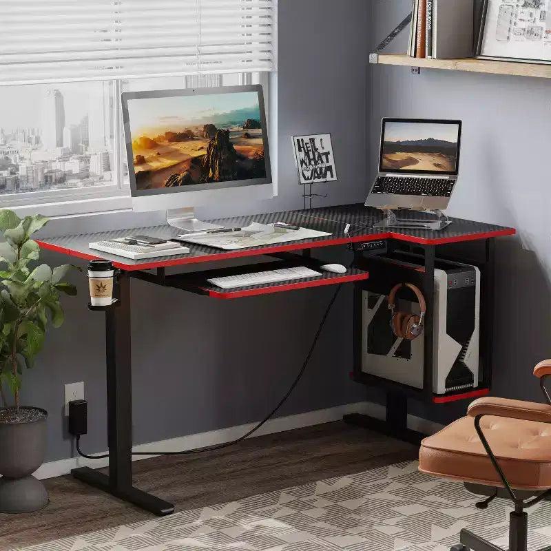 57 Standing Computer Desk, Height Adjustable Desk with Keyboard Tray & Host Shelf for Home Office, L-Shaped Gaming Desk with Pegboard