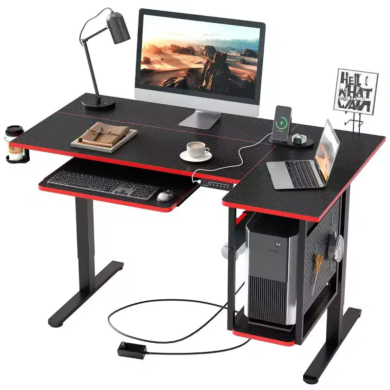 57 Standing Computer Desk, Height Adjustable Desk with Keyboard Tray & Host Shelf for Home Office, L-Shaped Gaming Desk with Pegboard