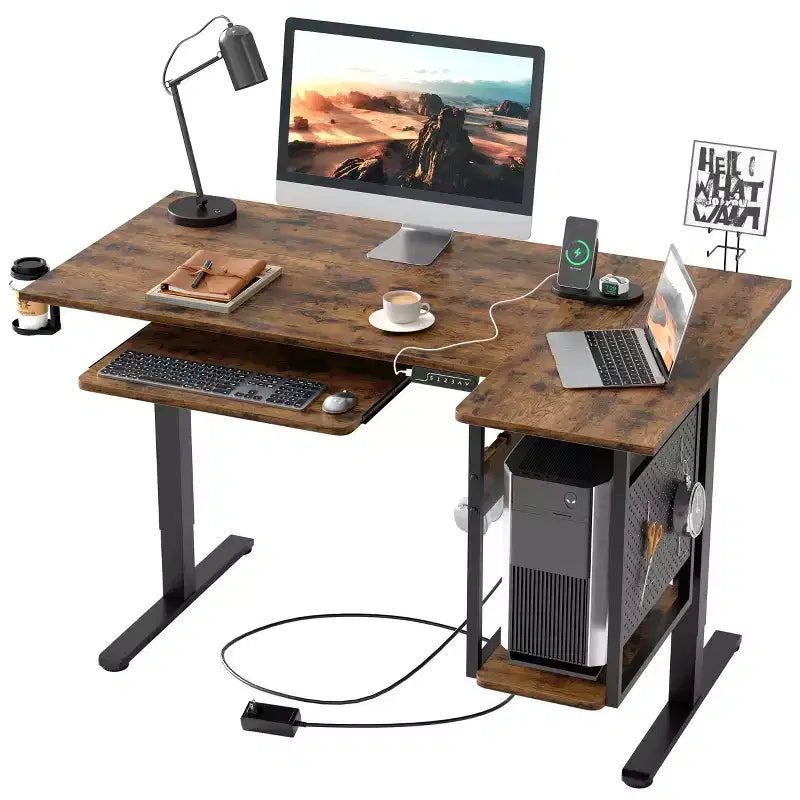57 Standing Computer Desk, Height Adjustable Desk with Keyboard Tray & Host Shelf for Home Office, L-Shaped Gaming Desk with Pegboard