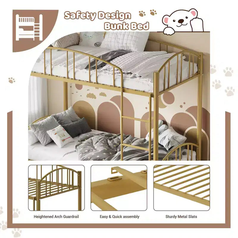 Metal Bunk Bed Twin Over Twin, Heavy Duty Bunkbeds Frame with Arched Guardrail and Safety Ladder, Steel Bed for Kids, No Box Spring Needed, Pink