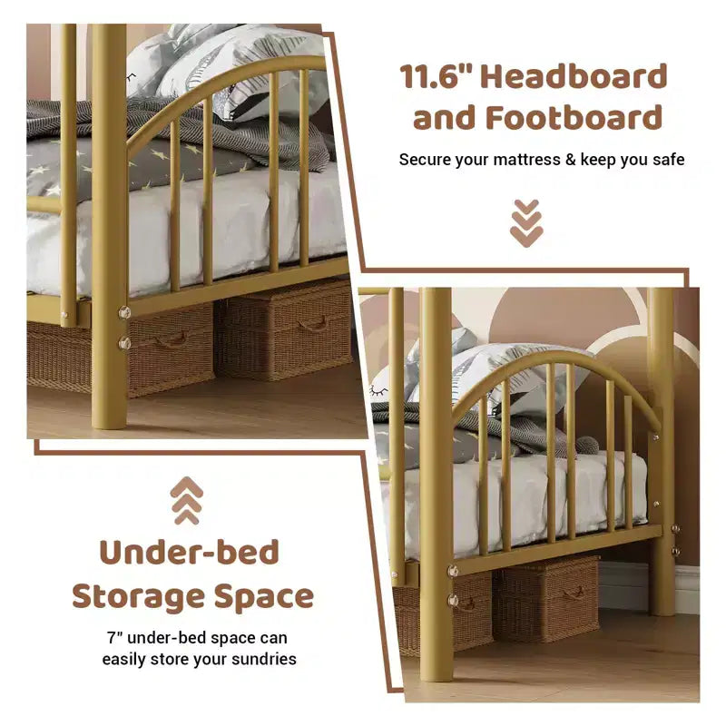 Metal Bunk Bed Twin Over Twin, Heavy Duty Bunkbeds Frame with Arched Guardrail and Safety Ladder, Steel Bed for Kids, No Box Spring Needed, Pink