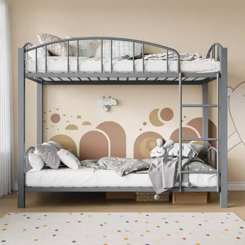 Metal Bunk Bed Twin Over Twin, Heavy Duty Bunkbeds Frame with Arched Guardrail and Safety Ladder, Steel Bed for Kids, No Box Spring Needed, Pink