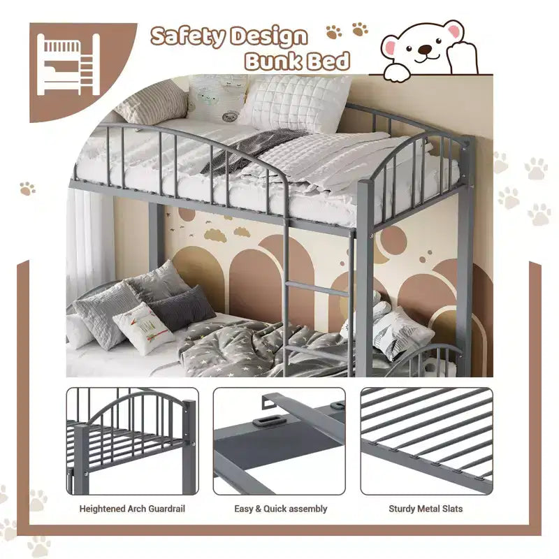 Metal Bunk Bed Twin Over Twin, Heavy Duty Bunkbeds Frame with Arched Guardrail and Safety Ladder, Steel Bed for Kids, No Box Spring Needed, Pink